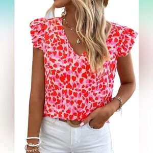 GWTGHY Women’s All Over Heart Print Butterfly Sleeve Blouse, Size Small